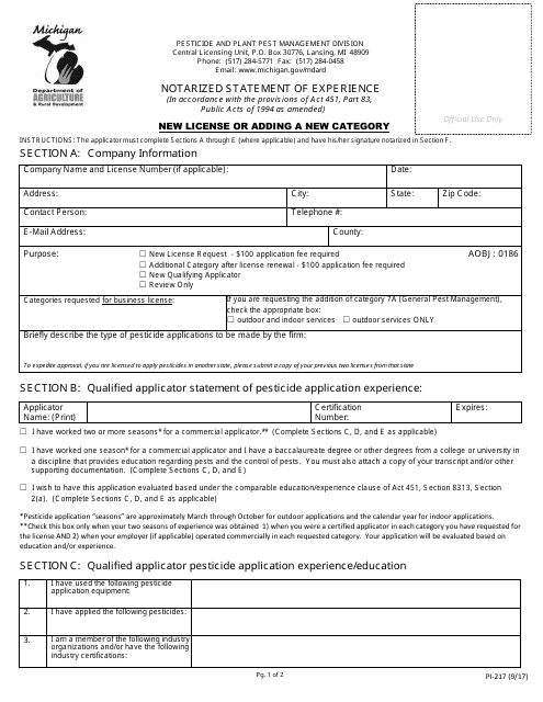 Form PI-217 Notarized Statement of Experience - Michigan