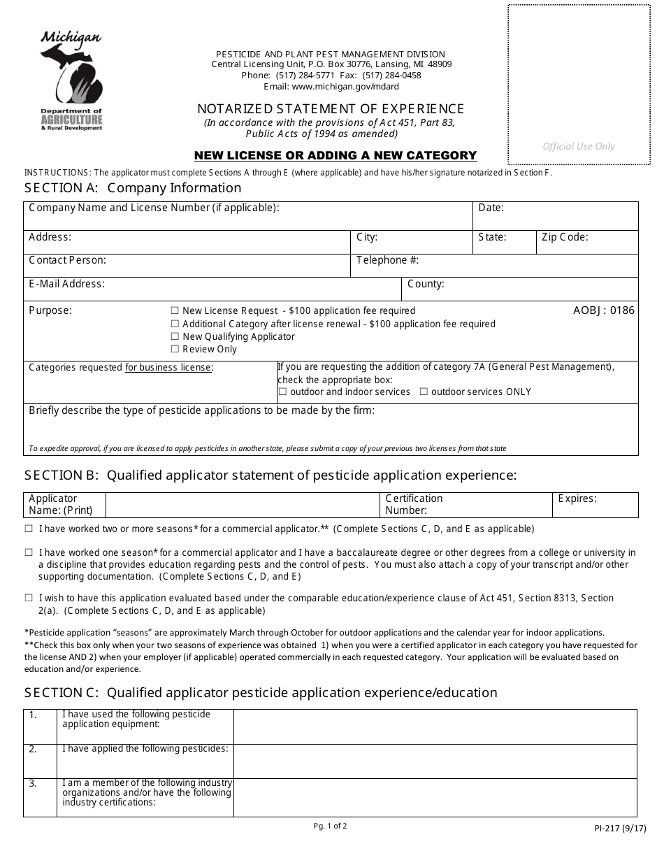 Form PI-217 Notarized Statement of Experience - Michigan, Page 1