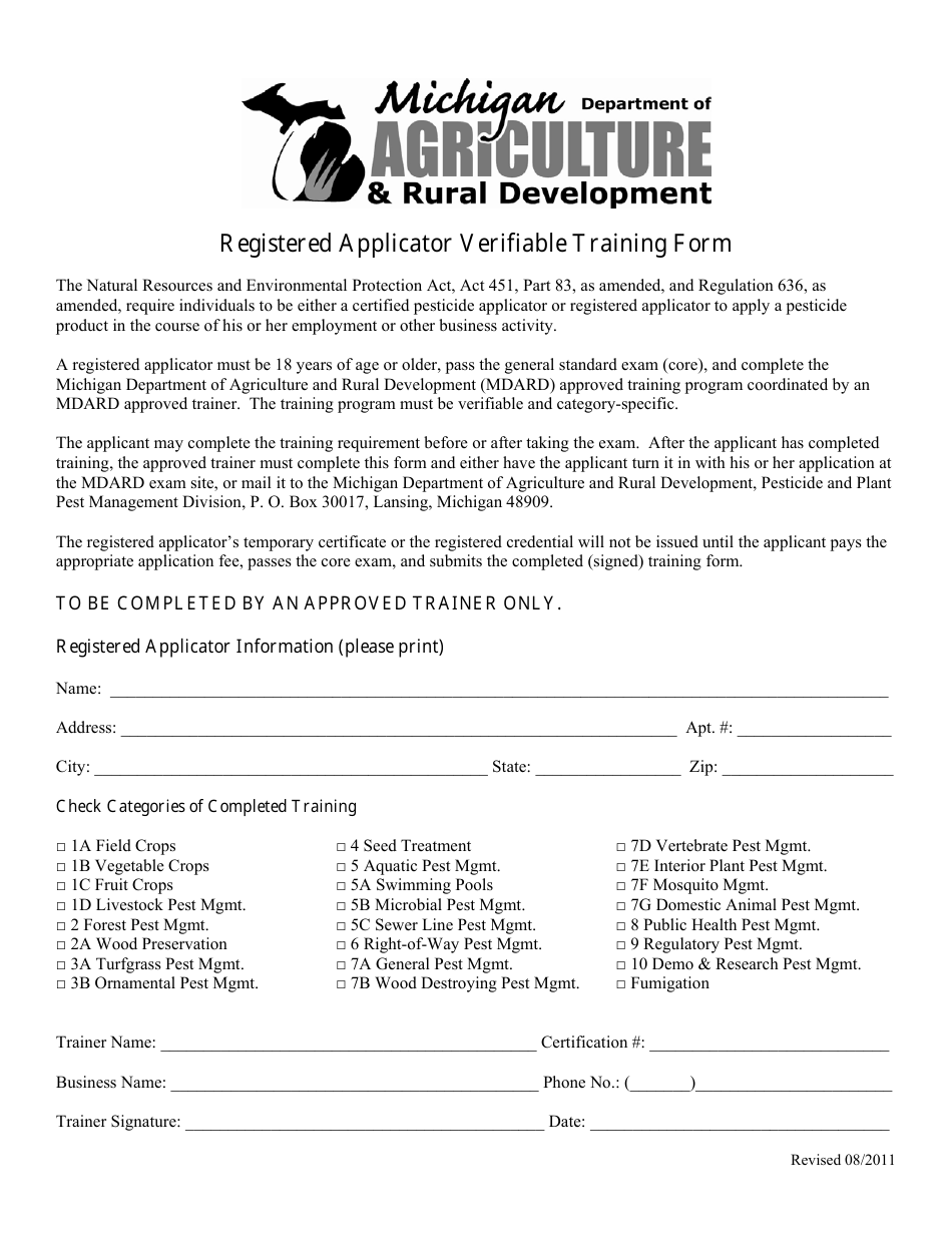 Registered Applicator Verifiable Training Form - Michigan, Page 1