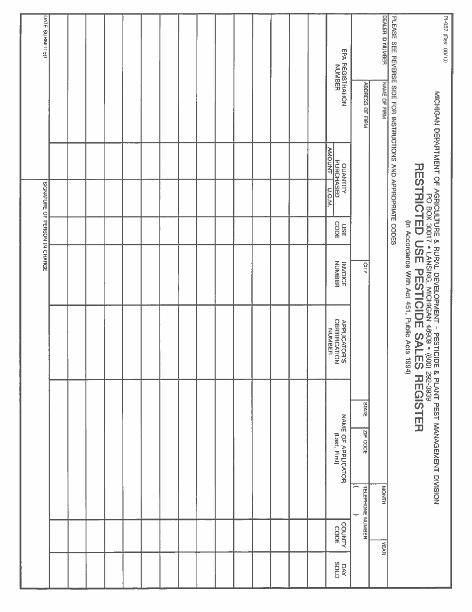 Form PI-057 Restricted Use Pesticide Sales Register - Michigan, Page 1