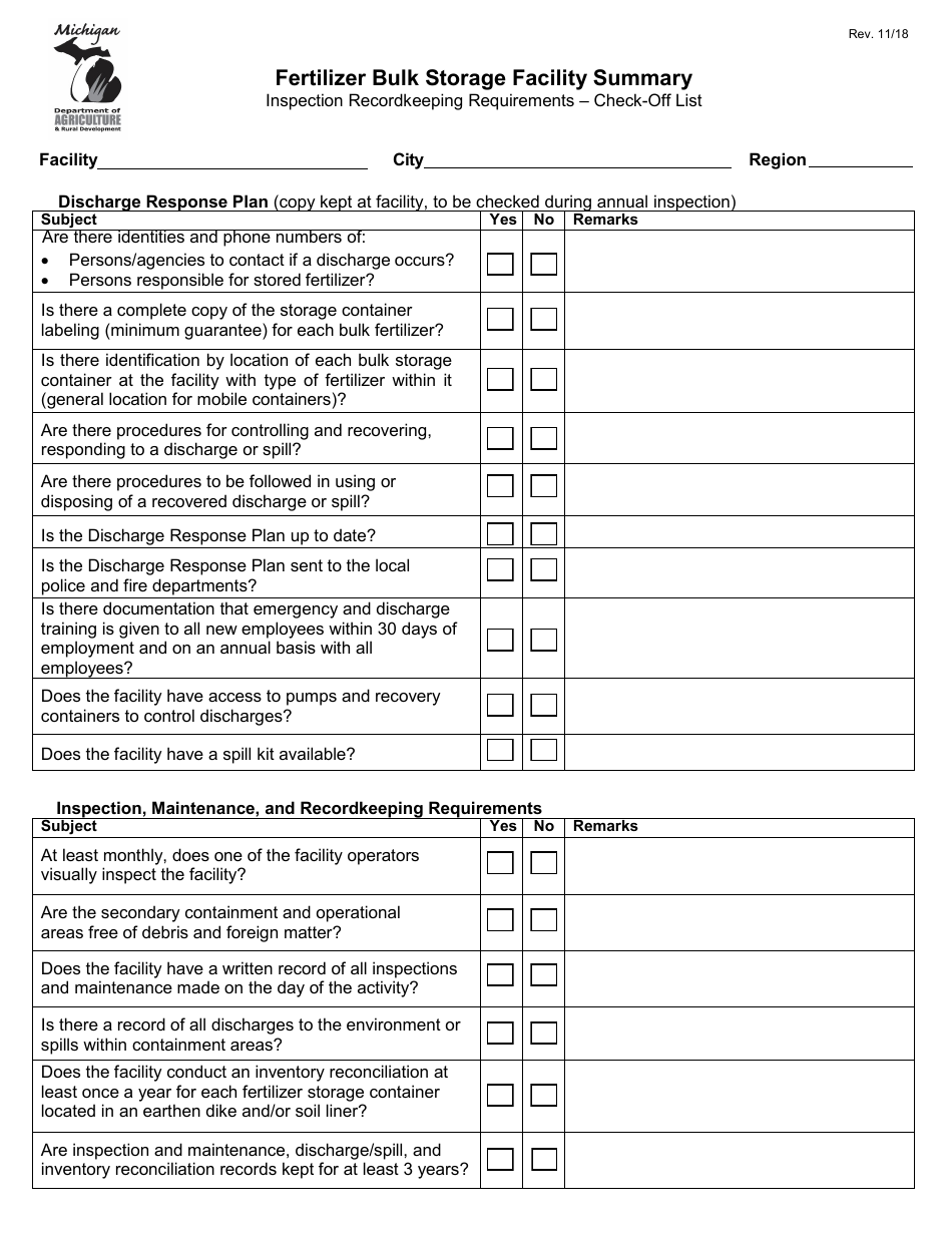 Pesticide Bulk Storage Facility Summary - Inspection Recordkeeping Requirements - Check-Off List - Michigan, Page 2