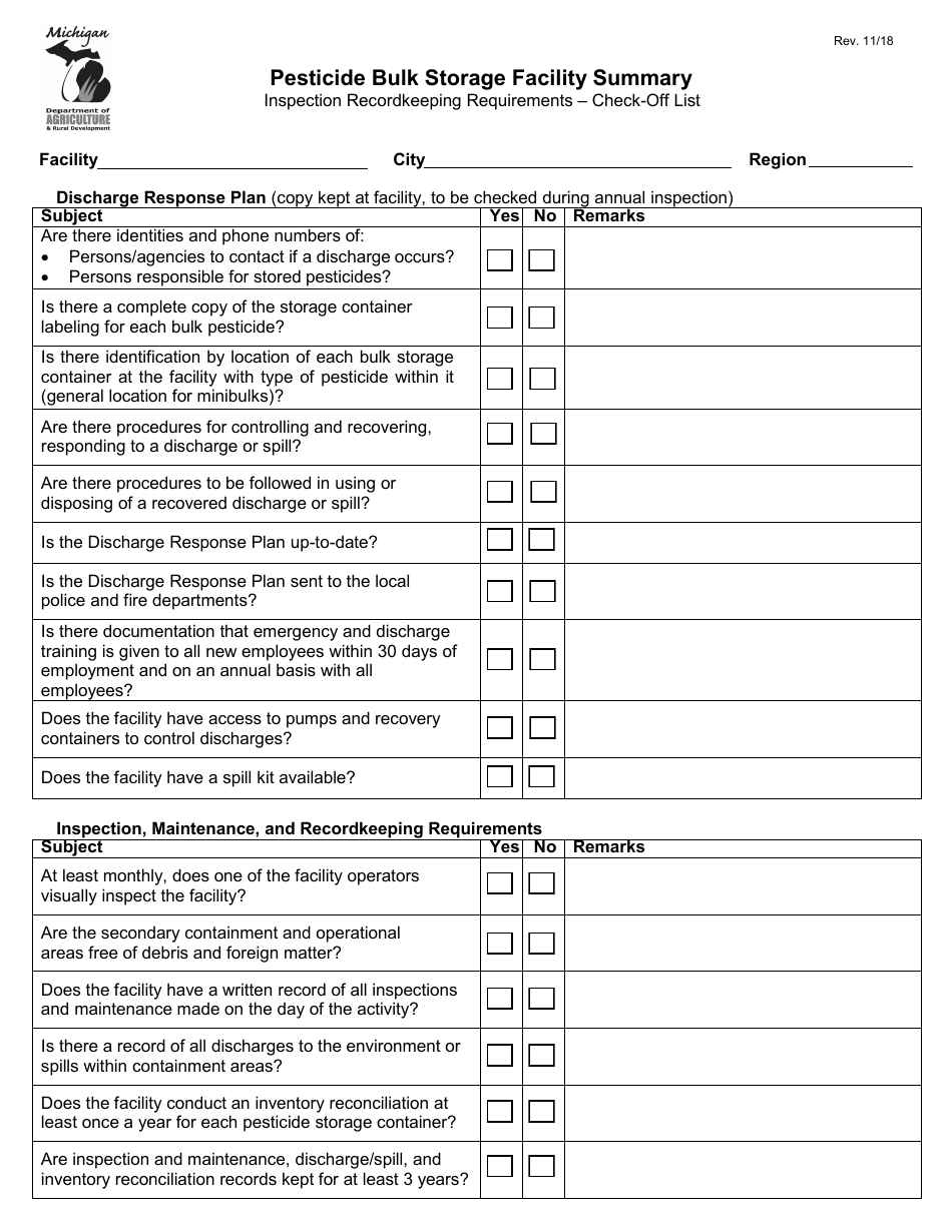 Michigan Pesticide Bulk Storage Facility Summary Inspection
