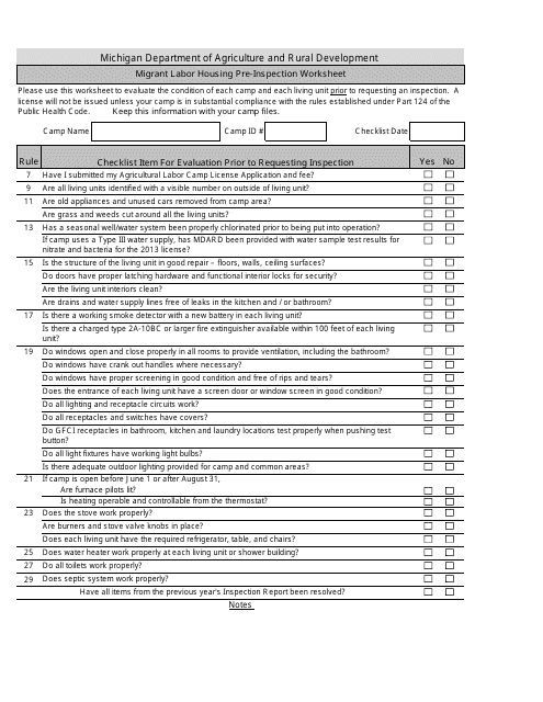 Migrant Labor Housing Pre-inspection Worksheet - Michigan