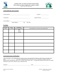 Document preview: Corrective Action Certification Form for Agricultural Migrant Labor Camps - Michigan
