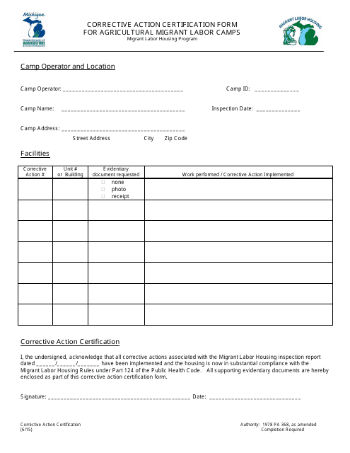 Corrective Action Certification Form for Agricultural Migrant Labor Camps - Michigan