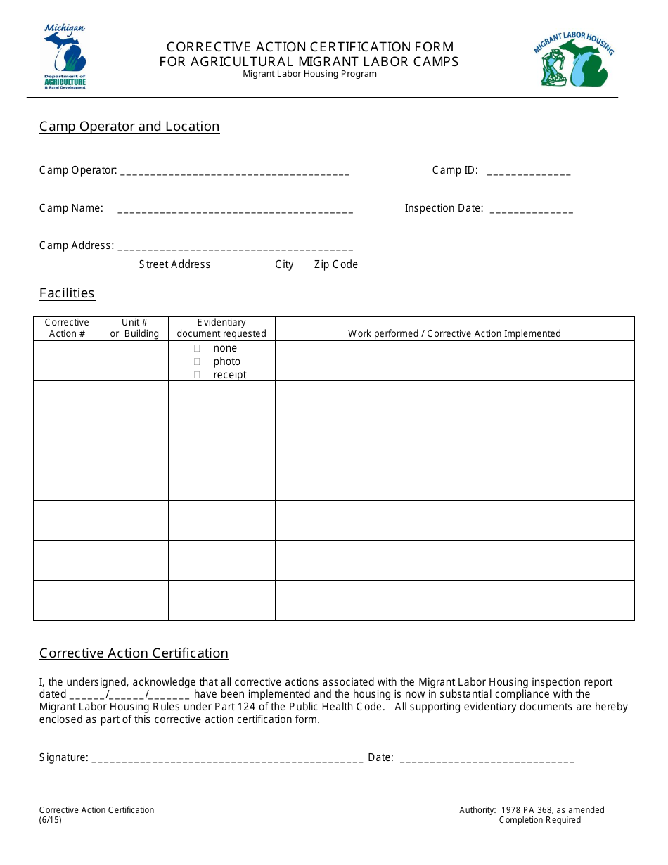 Corrective Action Certification Form for Agricultural Migrant Labor Camps - Michigan, Page 1