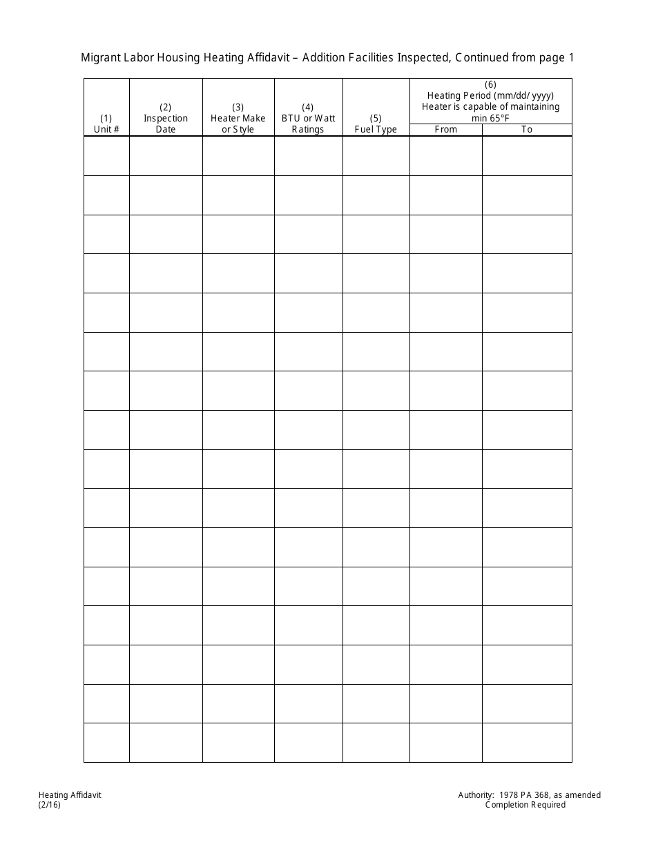 Heating Facilities Affidavit for Agricultural Migrants Labor Camps - Michigan, Page 3