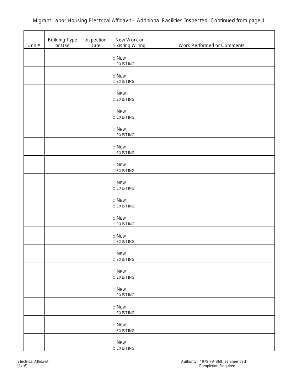 Electrical System Affidavit for Agricultural Migrant Labor Camps - Michigan, Page 3