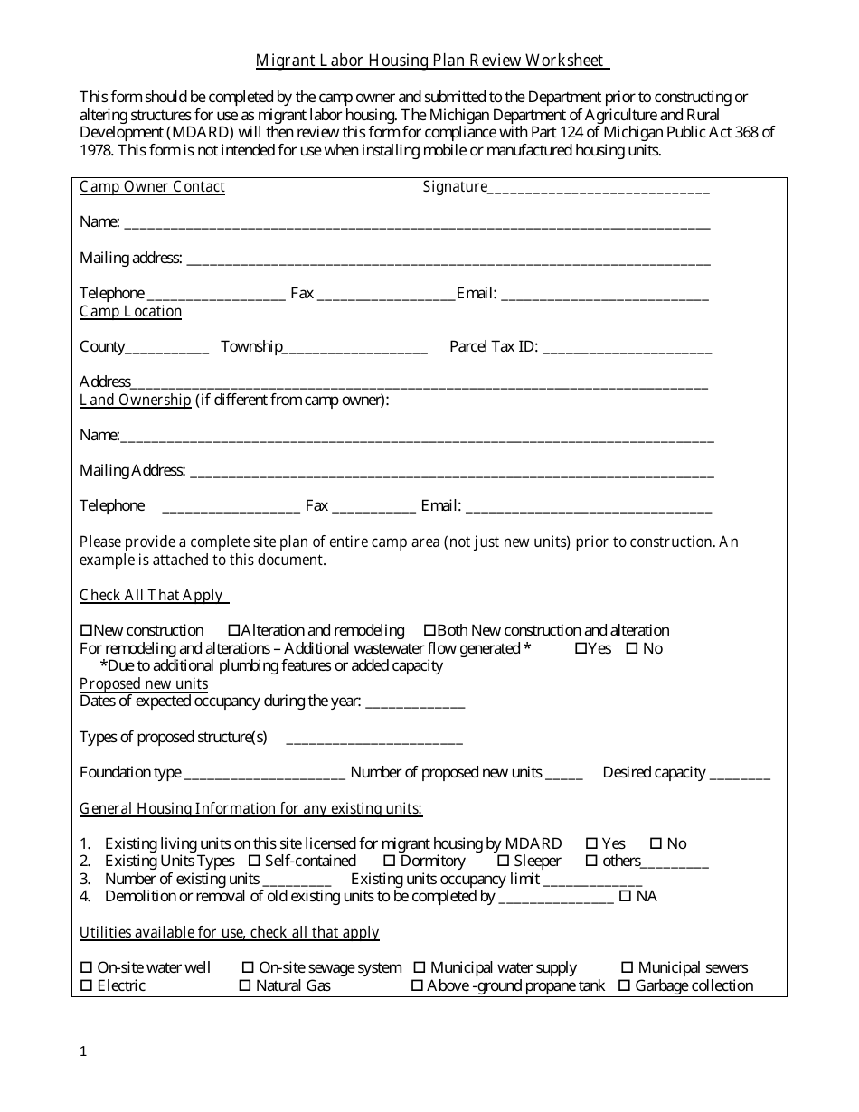 Migrant Labor Housing Plan Review Worksheet - Michigan, Page 1