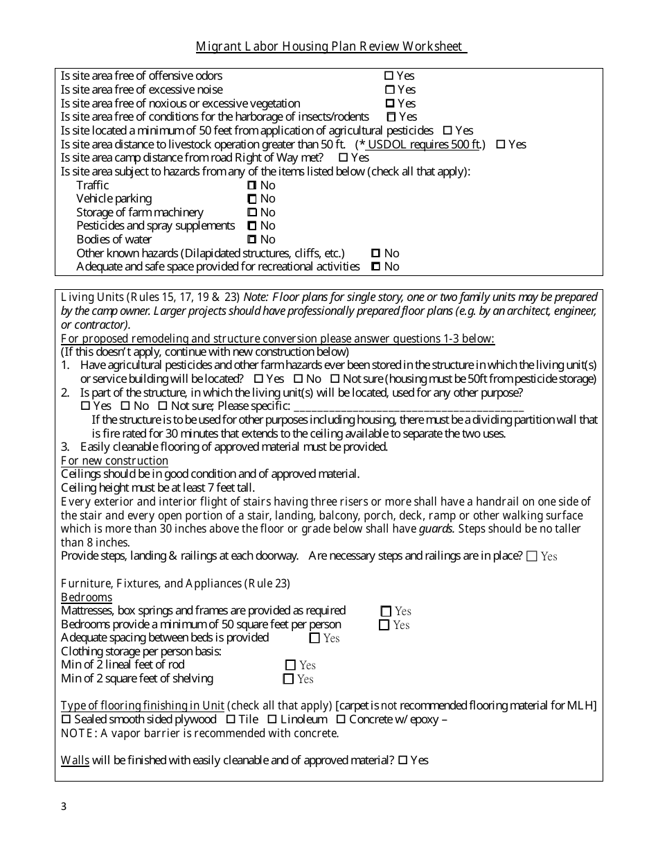 Migrant Labor Housing Plan Review Worksheet - Michigan, Page 3