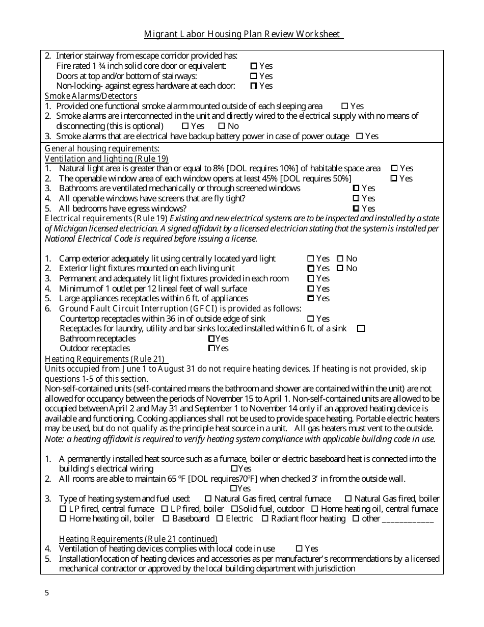 Migrant Labor Housing Plan Review Worksheet - Michigan, Page 5