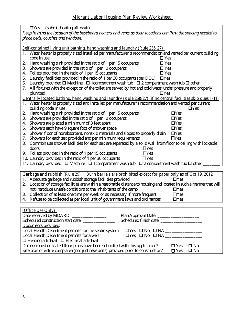 Migrant Labor Housing Plan Review Worksheet - Michigan, Page 6