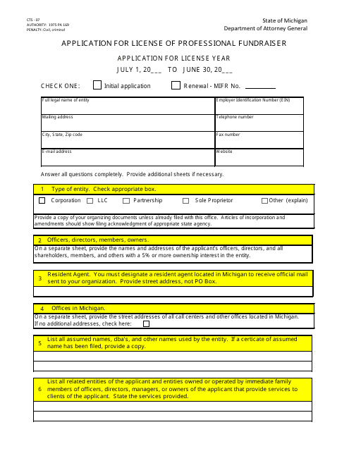 Form CTS-07 Application for License of Professional Fundraiser - Michigan