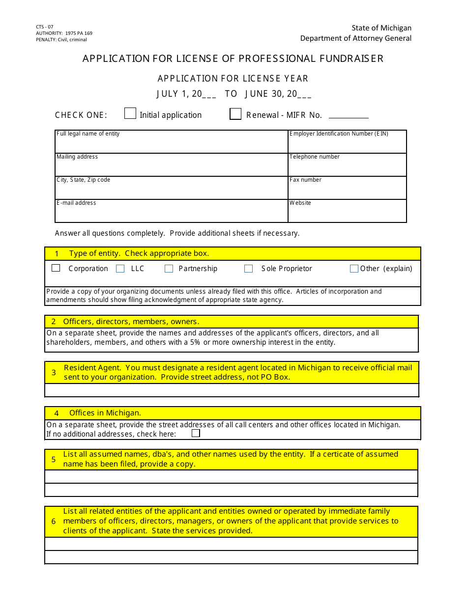 Form CTS-07 Application for License of Professional Fundraiser - Michigan, Page 1