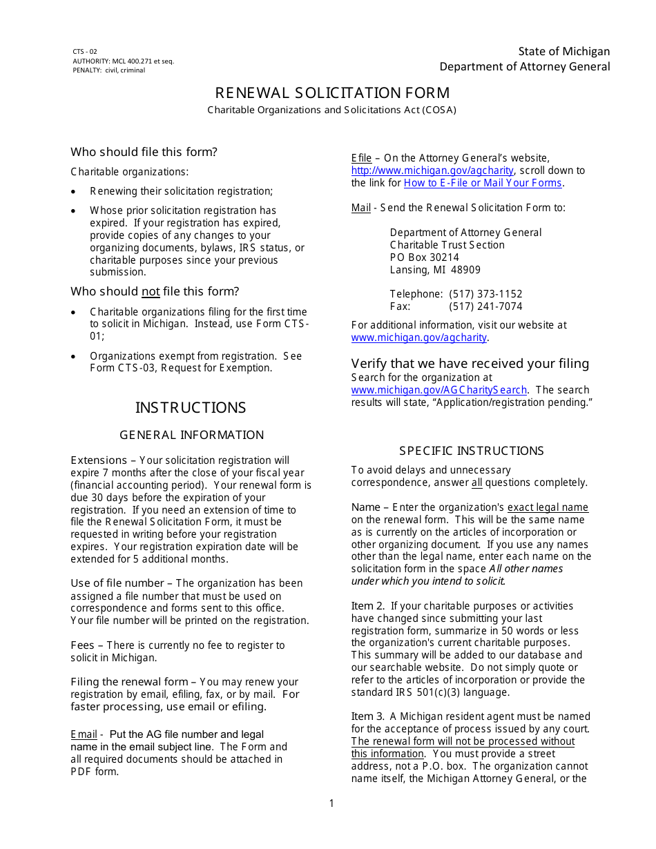 Form CTS-02 Renewal Solicitation Form - Michigan, Page 1