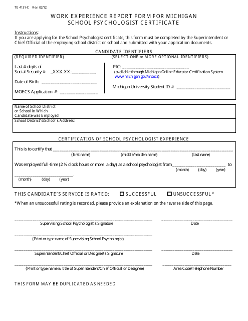Form TE4131-C Work Experience Report Form for Michigan School Psychologist Certificate - Michigan