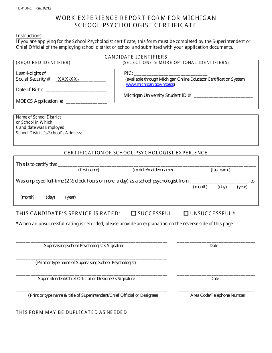 Form TE4131-C Work Experience Report Form for Michigan School Psychologist Certificate - Michigan, Page 1