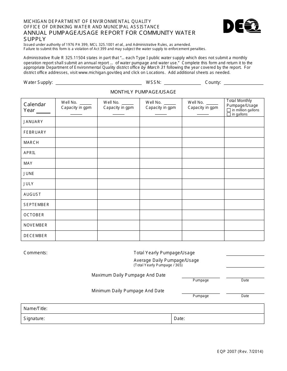 Form EQP2007 Annual Pumpage / Usage Report for Community Water Supply - Michigan, Page 1