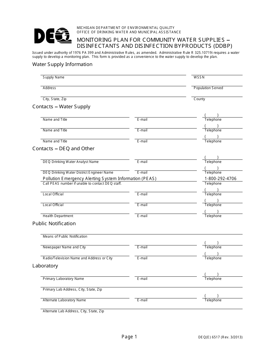 Form DEQ6517 Monitoring Plan for Community Water Supplies - Disinfectants and Disinfection Byproducts (Ddbp) - Michigan, Page 1
