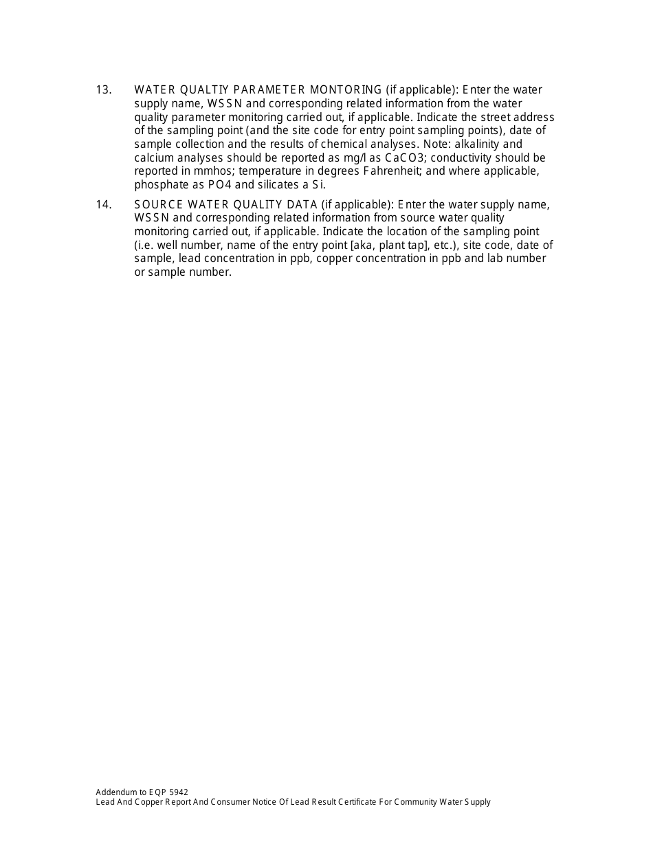 Form EQP5942 Addendum 13, 14 Water Quality Parameter Data / Source Water Quality Data - Michigan, Page 2