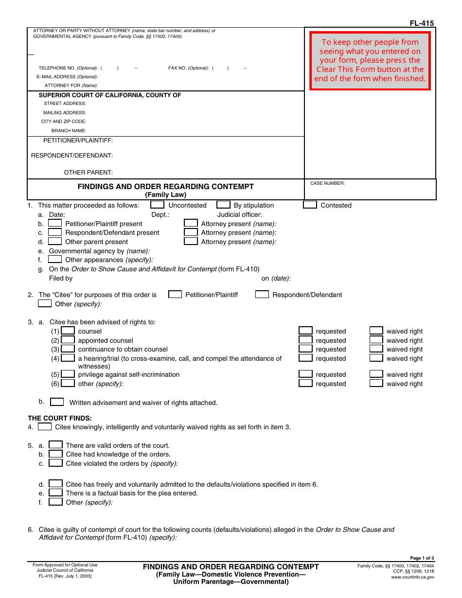 Form FL-415 Findings and Order Regarding Contempt (Family Law) - California, Page 1