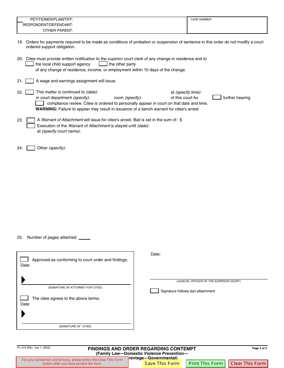 Form FL-415 Findings and Order Regarding Contempt (Family Law) - California, Page 3