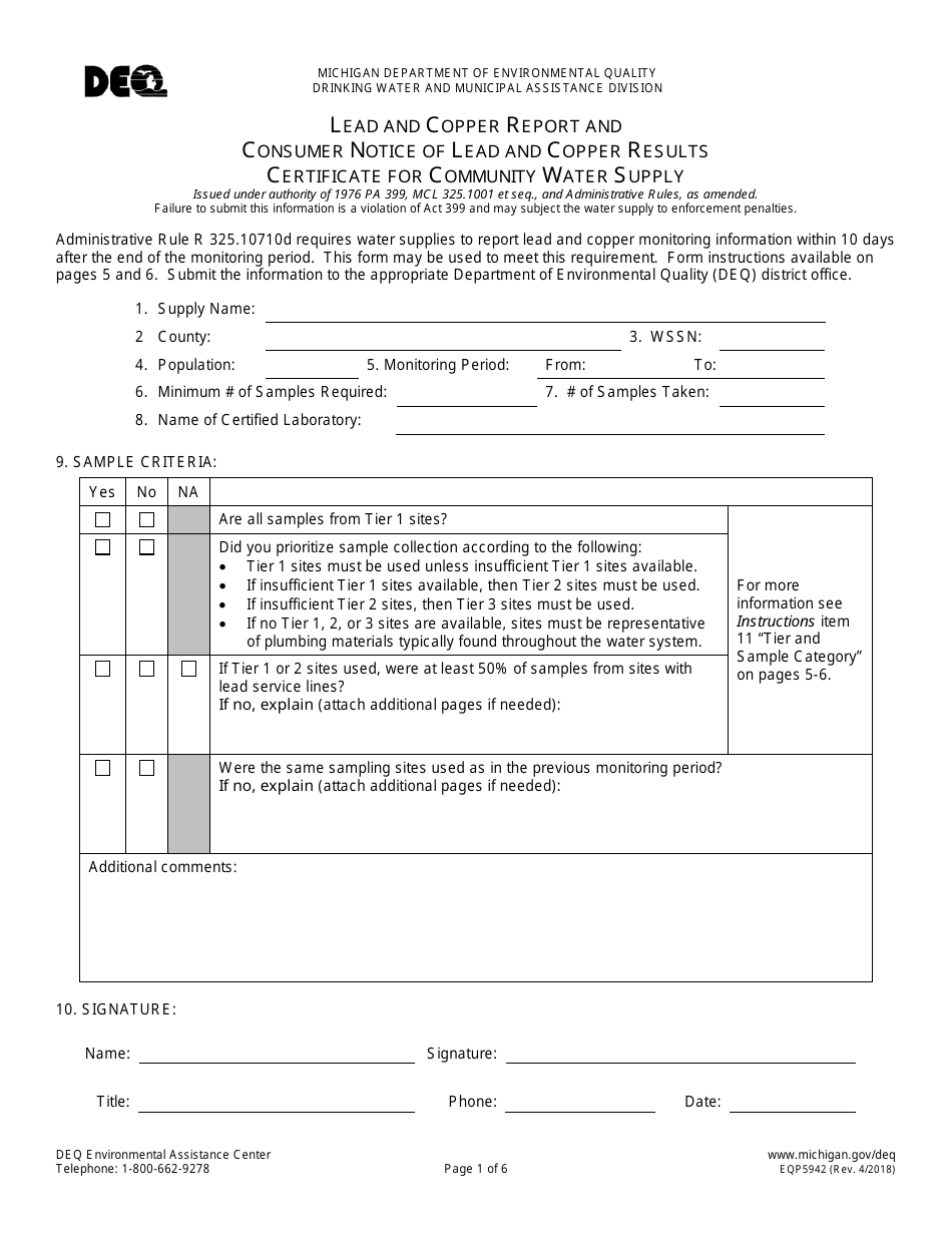 Form EQP5942 Lead and Copper Report and Consumer Notice of Lead and Copper Results Certificate for Community Water Supply - Michigan, Page 1