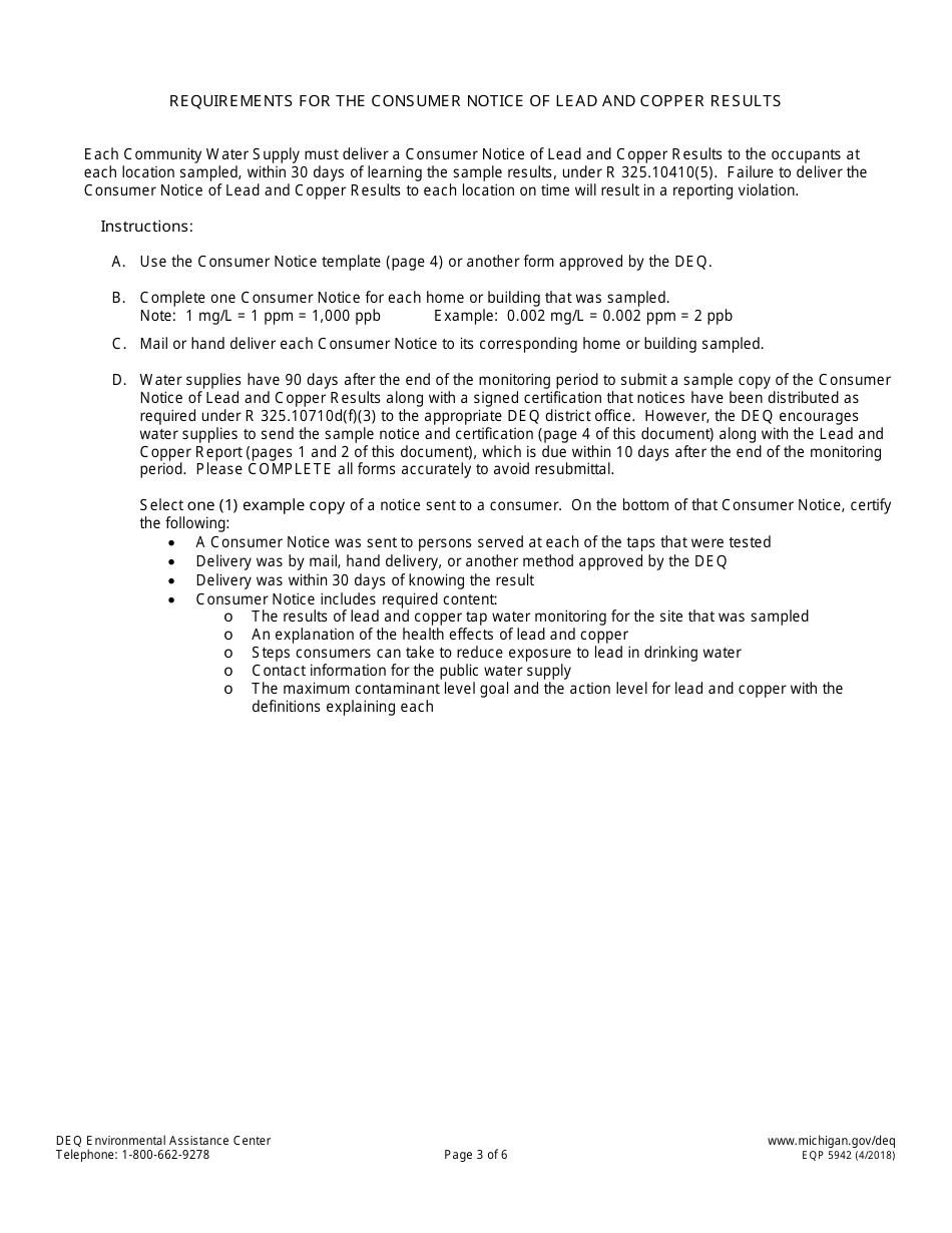 Form EQP5942 Lead and Copper Report and Consumer Notice of Lead and Copper Results Certificate for Community Water Supply - Michigan, Page 3