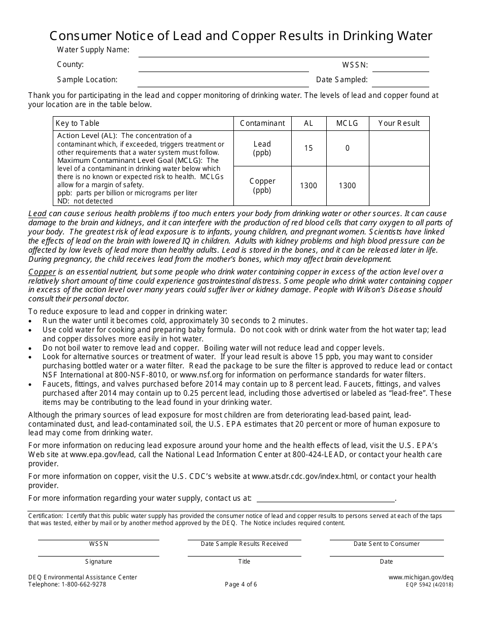 Form EQP5942 Lead and Copper Report and Consumer Notice of Lead and Copper Results Certificate for Community Water Supply - Michigan, Page 4