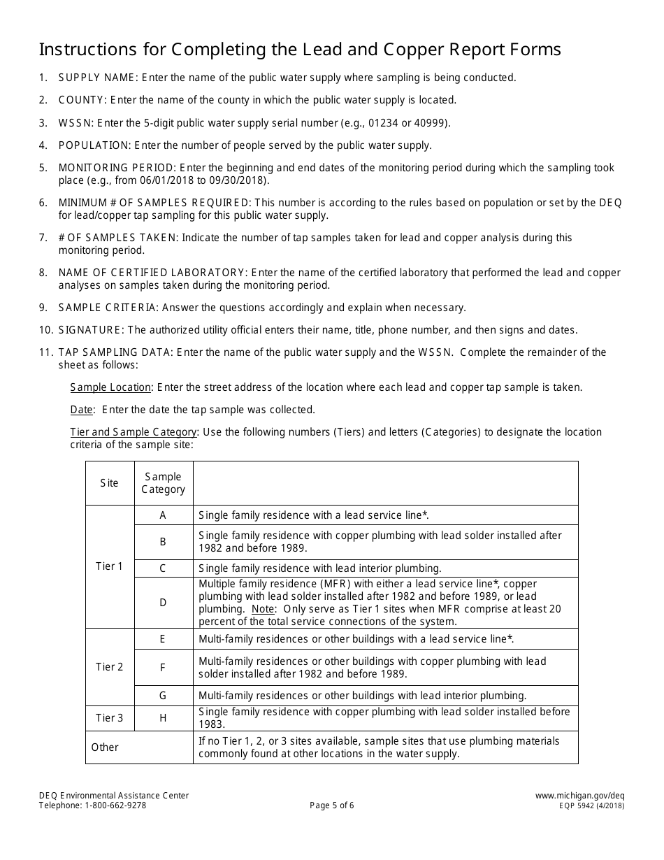 Form EQP5942 Lead and Copper Report and Consumer Notice of Lead and Copper Results Certificate for Community Water Supply - Michigan, Page 5