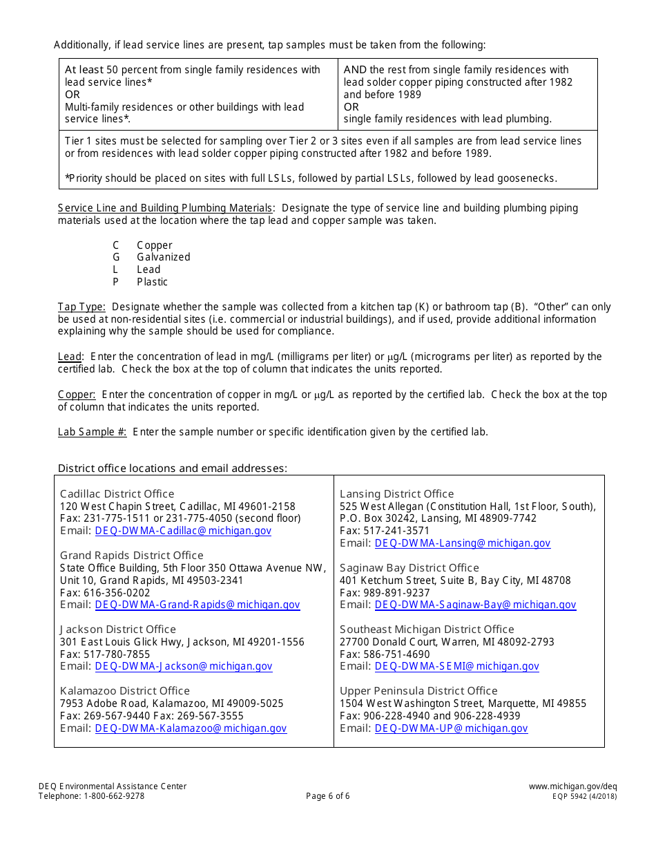 Form EQP5942 Lead and Copper Report and Consumer Notice of Lead and Copper Results Certificate for Community Water Supply - Michigan, Page 6