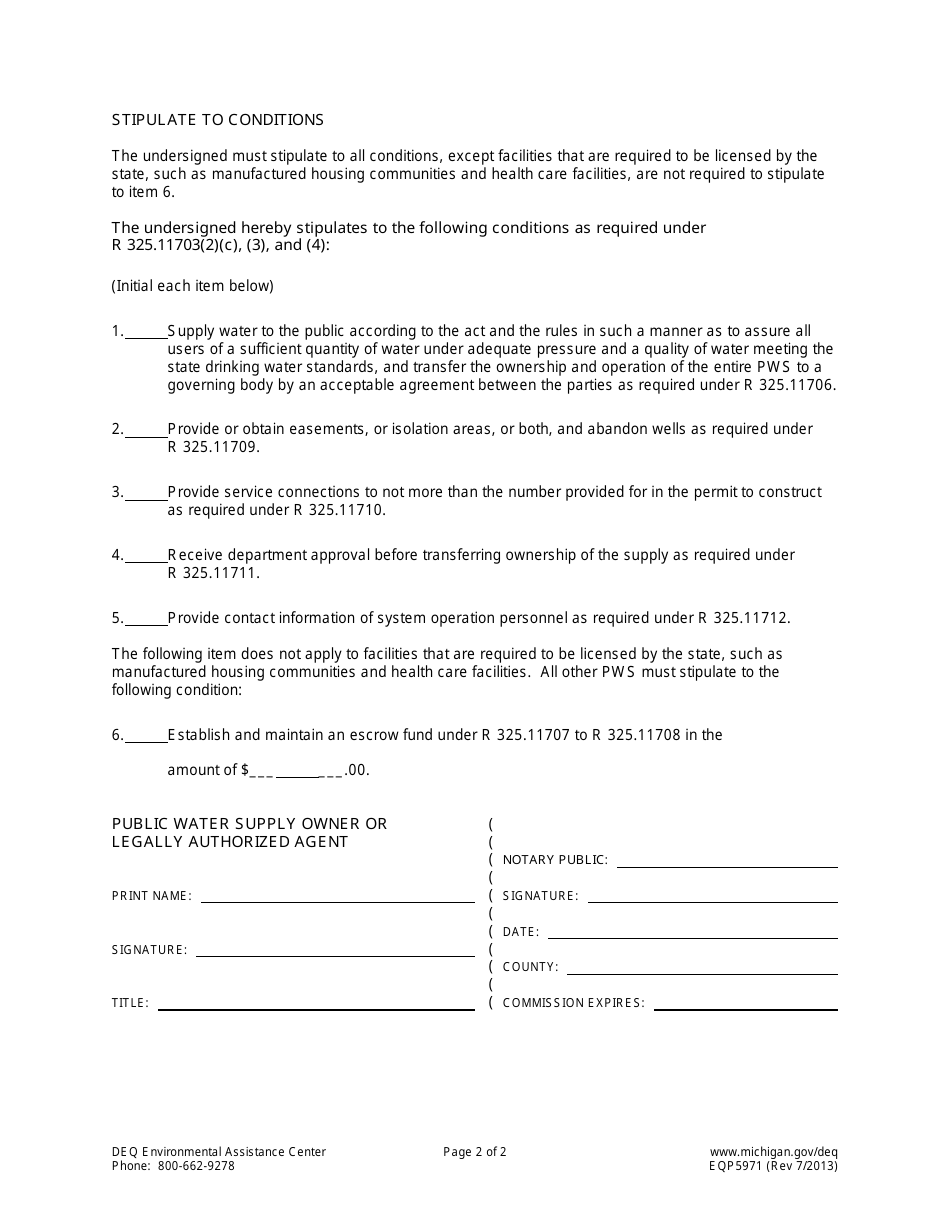 Form EQP5971 Stipulation to Conditions Required for Approval of a Privately Owned Type I Public Water Supply - Michigan, Page 2