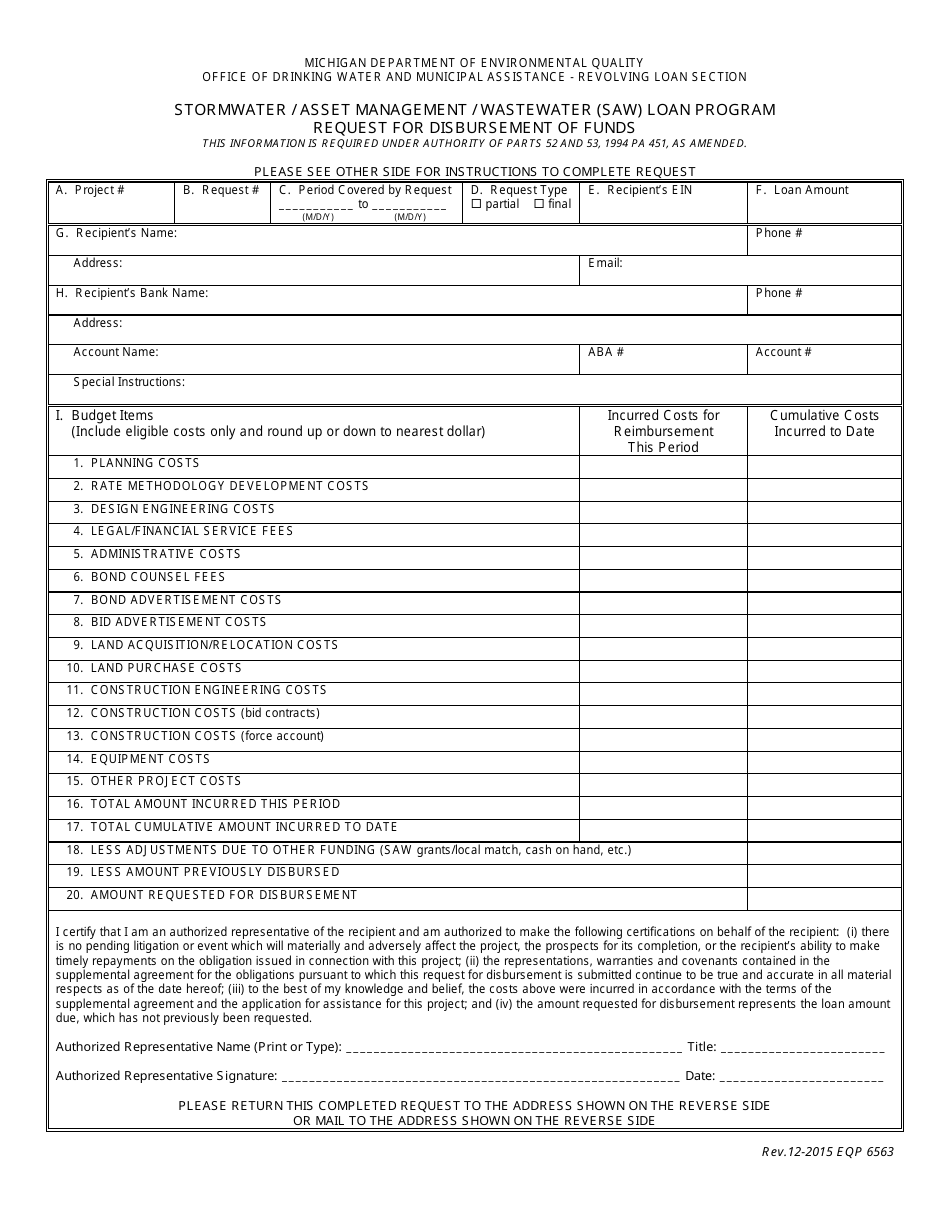 Form EQP6563 Stormwater / Asset Management / Wastewater (Saw) Loan Program Request for Disbursement of Funds - Michigan, Page 1