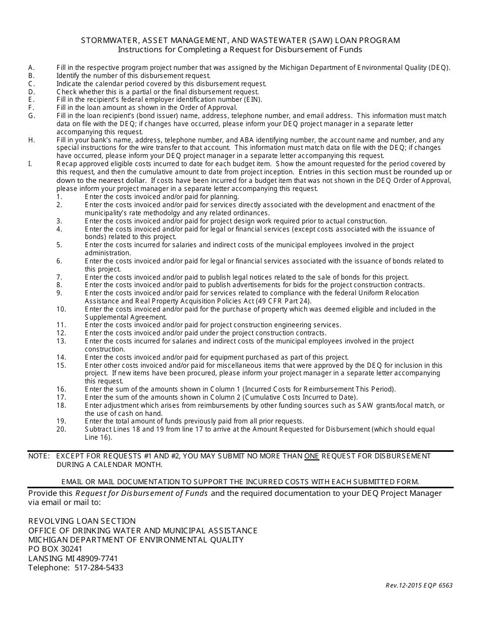 Form EQP6563 Stormwater / Asset Management / Wastewater (Saw) Loan Program Request for Disbursement of Funds - Michigan, Page 2