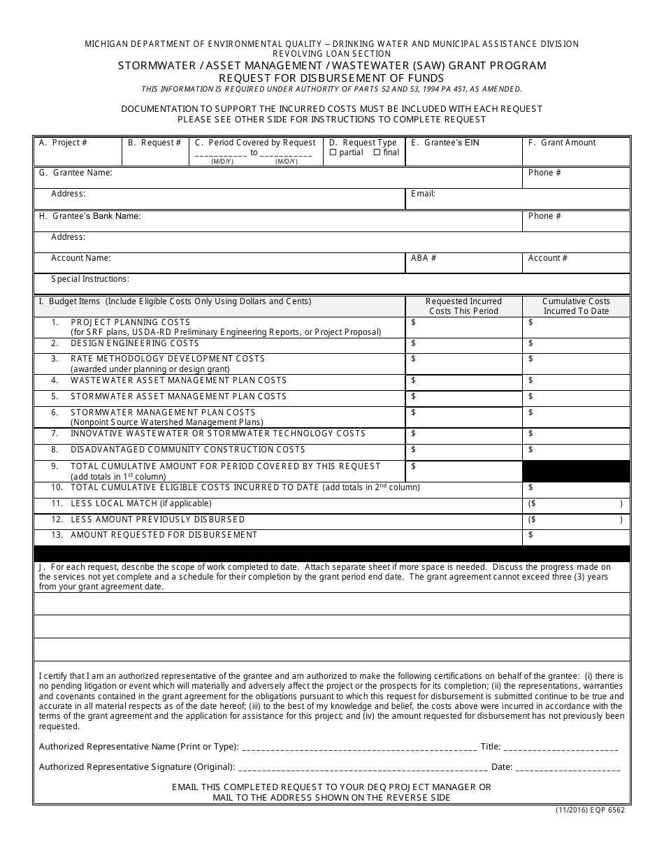 Form EQP6562 Stormwater / Asset Management / Wastewater (Saw) Grant Program Request for Disbursement of Funds - Michigan, Page 1