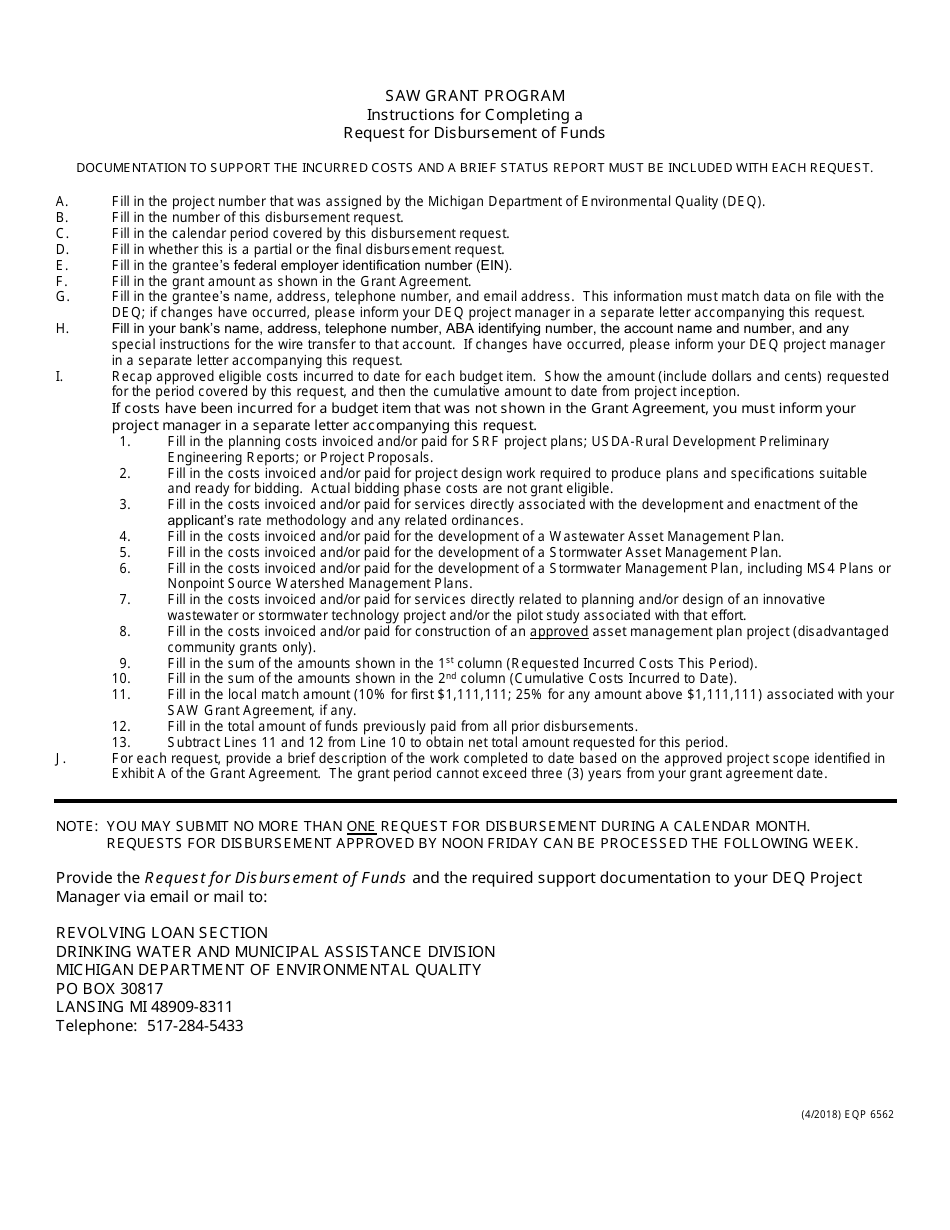Form EQP6562 Stormwater / Asset Management / Wastewater (Saw) Grant Program Request for Disbursement of Funds - Michigan, Page 2
