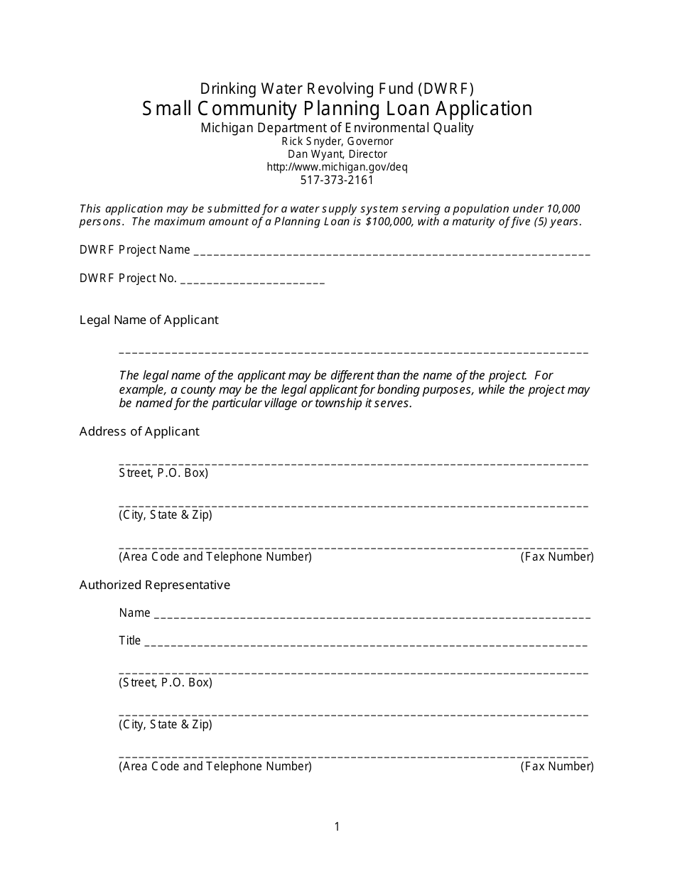 Drinking Water Revolving Fund (Dwrf) Small Community Planning Loan Application - Michigan, Page 1