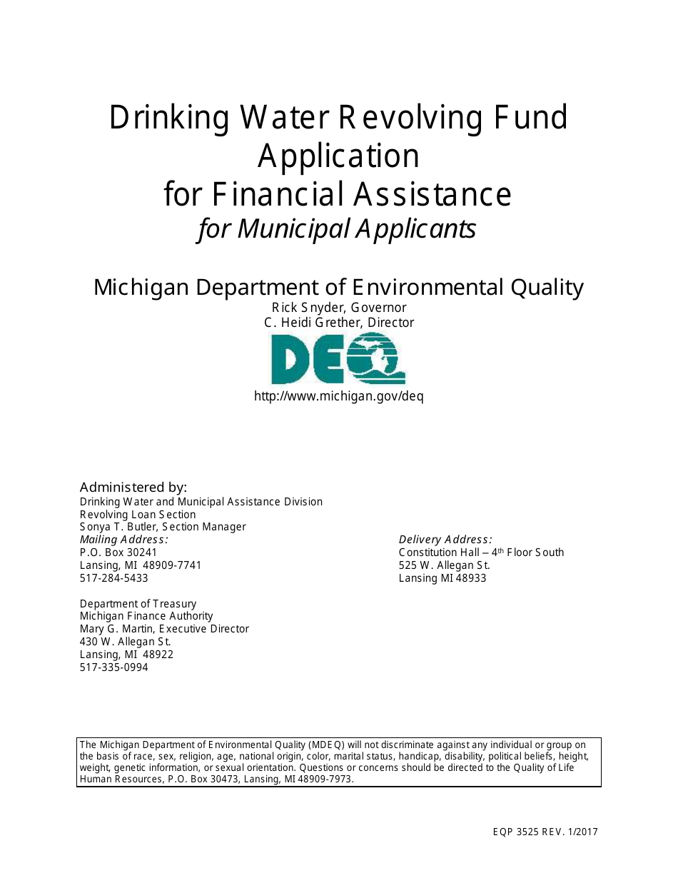 Form EQP3525 Drinking Water Revolving Fund Application for Financial Assistance for Municipal Applicants - Michigan, Page 1