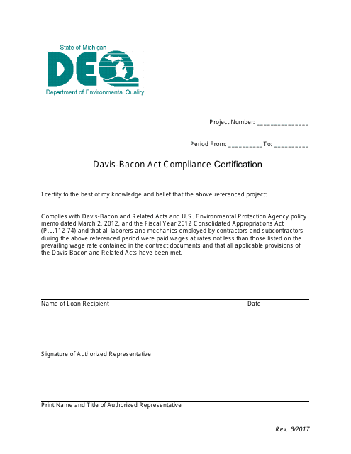 Davis-Bacon Act Compliance Certification - Michigan Download Pdf