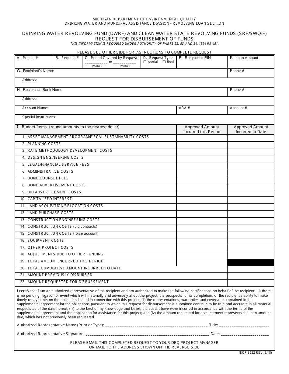 Form EQP3522 Drinking Water Revolving Fund (Dwrf) and Clean Water State Revolving Funds (Srf / Swqif) Request for Disbursement of Funds - Michigan, Page 1