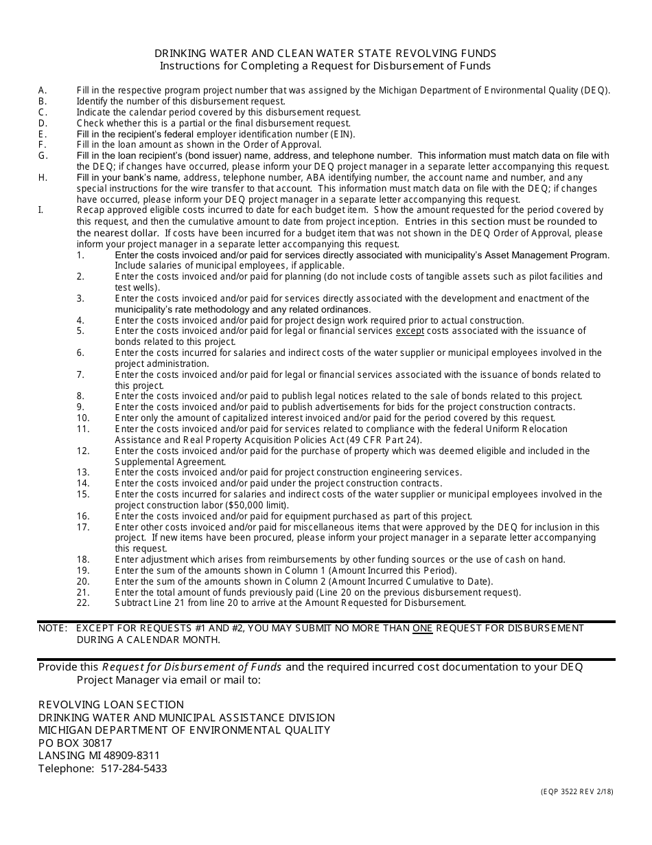 Form EQP3522 Drinking Water Revolving Fund (Dwrf) and Clean Water State Revolving Funds (Srf / Swqif) Request for Disbursement of Funds - Michigan, Page 2
