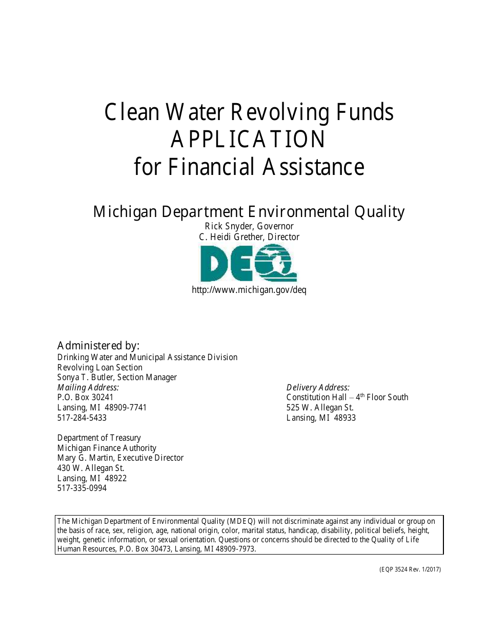 Form EQP3524 Clean Water Revolving Funds Application for Financial Assistance - Michigan, Page 1