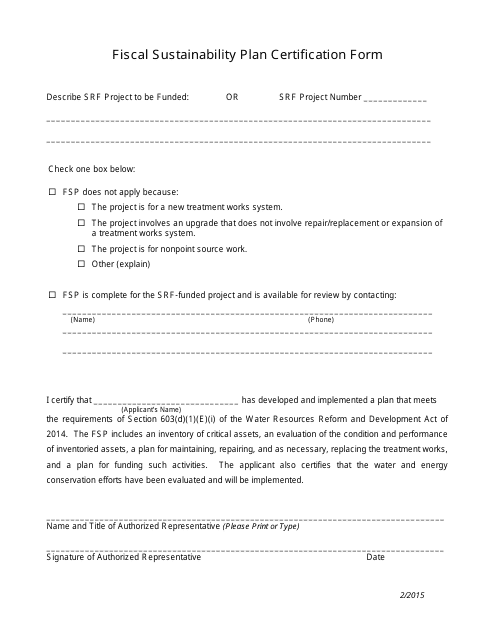Fiscal Sustainability Plan Certification Form - Michigan Download Pdf