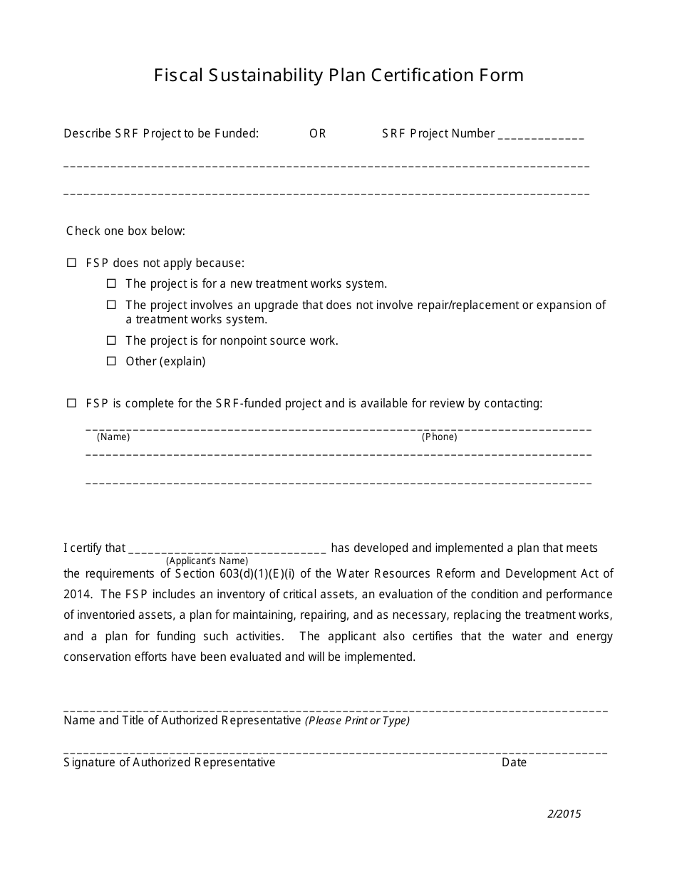 Fiscal Sustainability Plan Certification Form - Michigan, Page 1