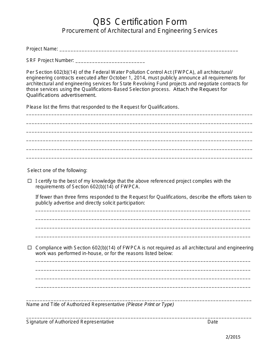 Qbs Certification Form for Procurement of Architectural and Engineering Services - Michigan, Page 1