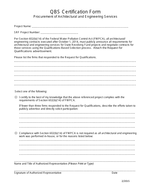 Qbs Certification Form for Procurement of Architectural and Engineering Services - Michigan Download Pdf