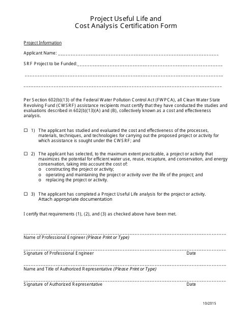 Project Useful Life and Cost Analysis Certification Form - Michigan Download Pdf