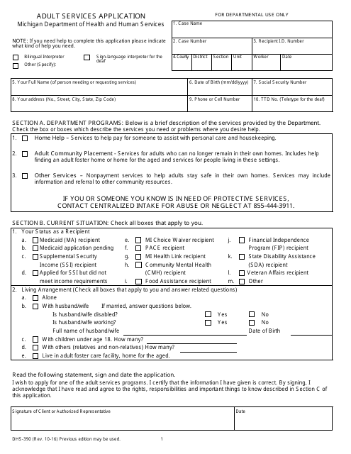 Form DHS-390 Adult Services Application - Michigan
