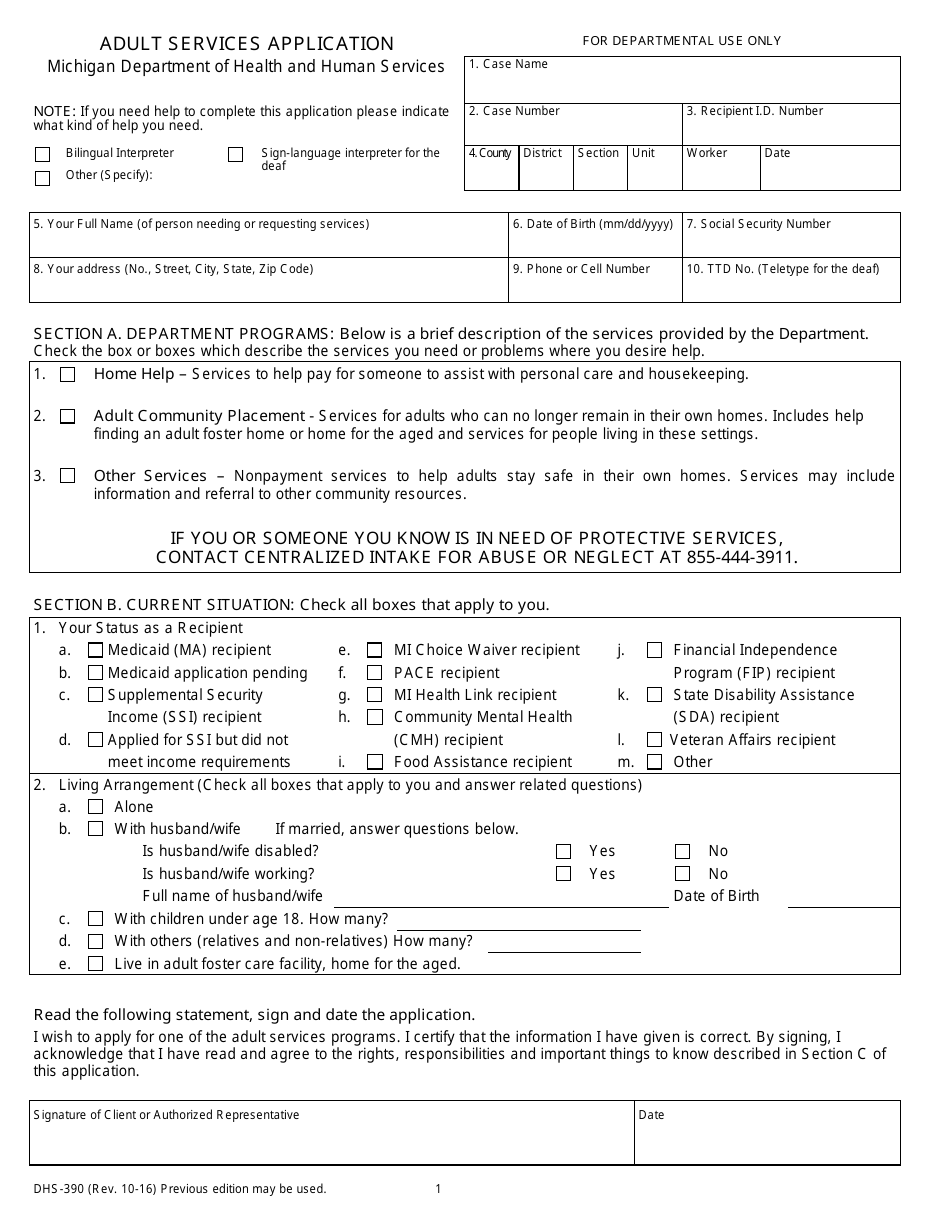 Form DHS-390 Adult Services Application - Michigan, Page 1