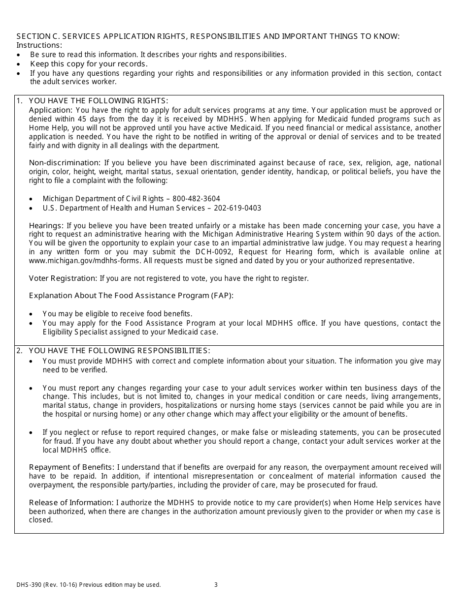 Form DHS-390 Adult Services Application - Michigan, Page 3